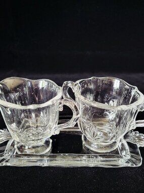 FOSTORIA~BAROQUE~VINTAGE CLEAR GLASS CREAM & SUGAR BOWL SET TRAY CREAMER DISH